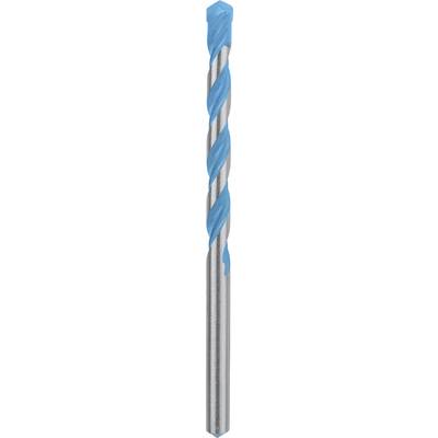 Blue steel spiral drill bit with sharp edges, shown in a vertical view.
