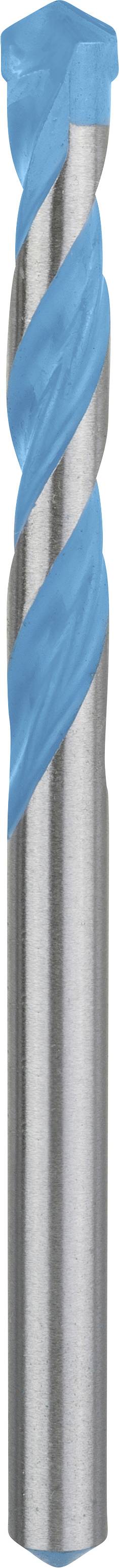 A silver and blue twist drill with a smooth, metallic shank and a spiral-shaped cutting edge.