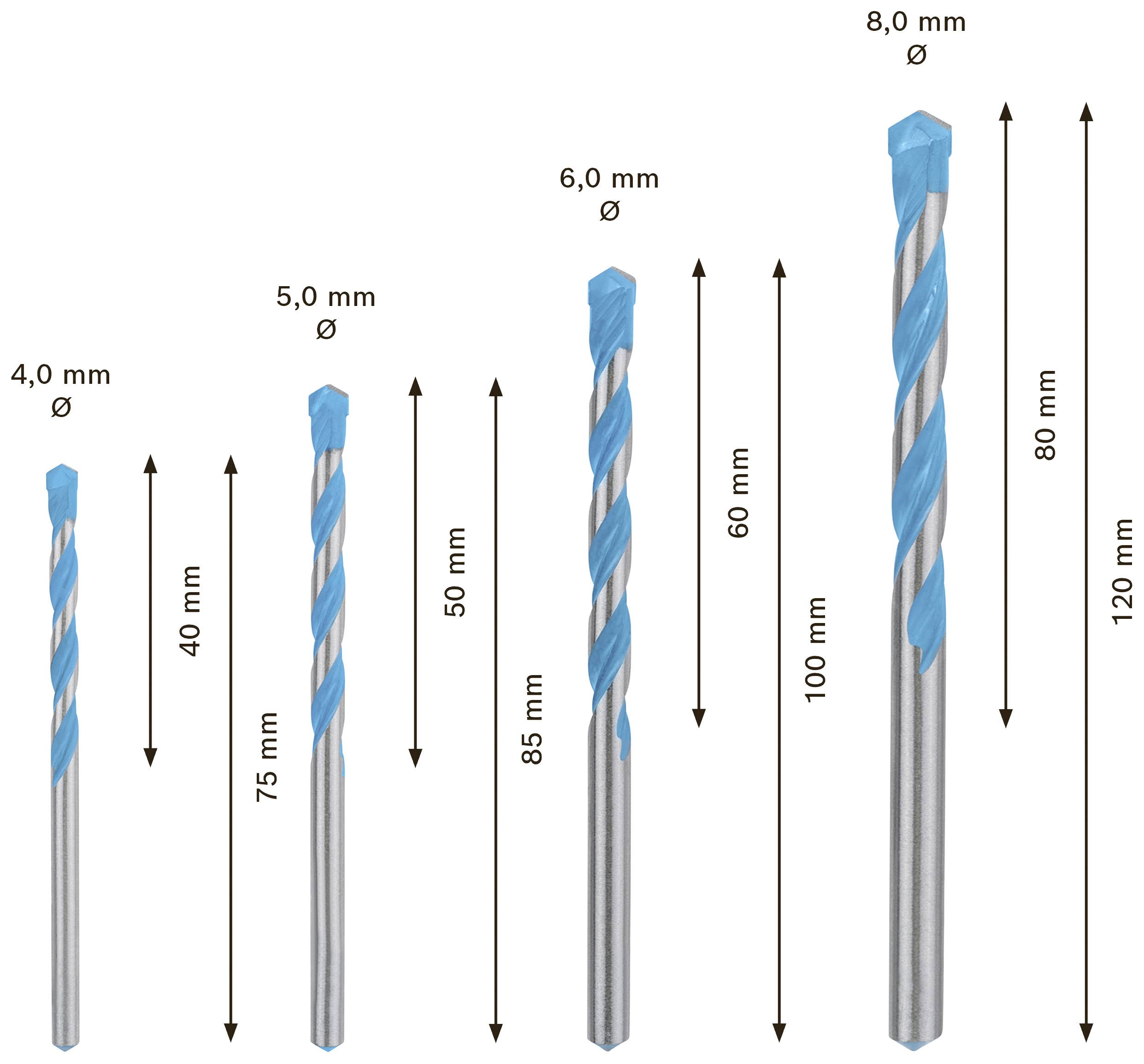 Five drill bits in ascending size from left to right: 4.0 mm, 5.0 mm, 6.0 mm, 8.0 mm with respective lengths: 40 mm, 75 mm, 85 mm, 100 mm, 120 mm.
