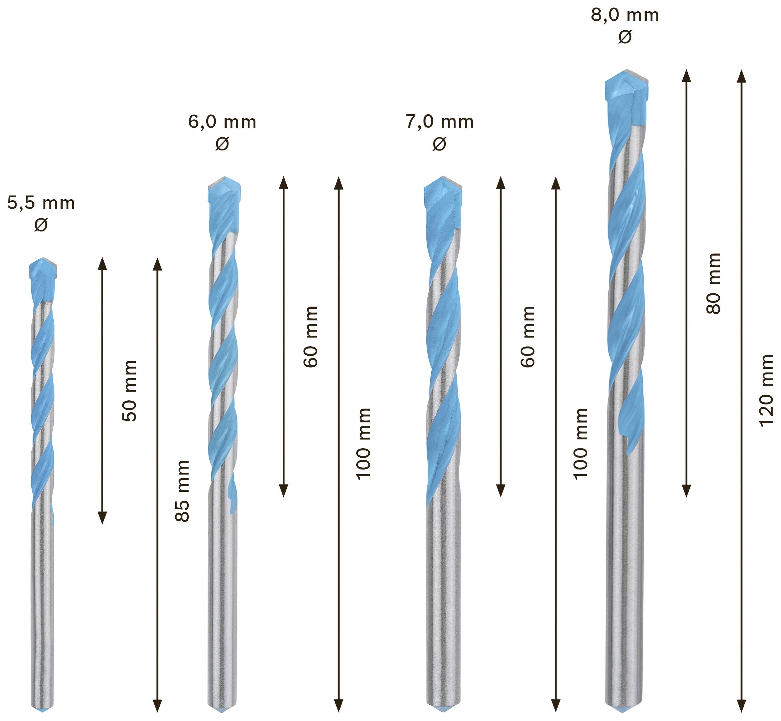 Five spiral drill bits in various sizes ranging from 5.5 mm to 8.0 mm in diameter and 50 mm to 120 mm in length.