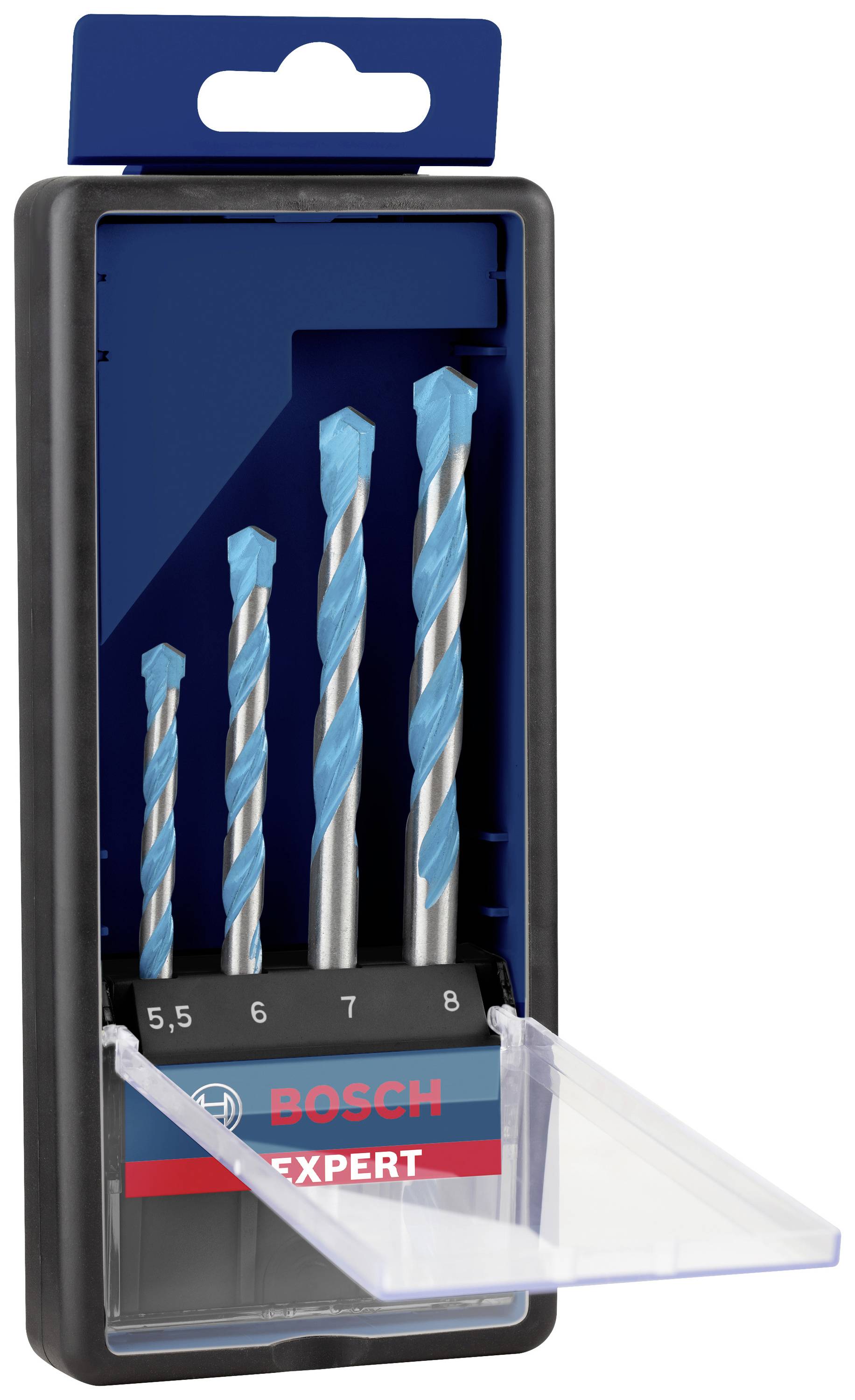 Drill Bit Set in Box with Four Spiral Drill Bits of Different Sizes, marked with 5.5 - 6 - 7 - 8 mm. Bosch Expert brand. Packaging partially opened.