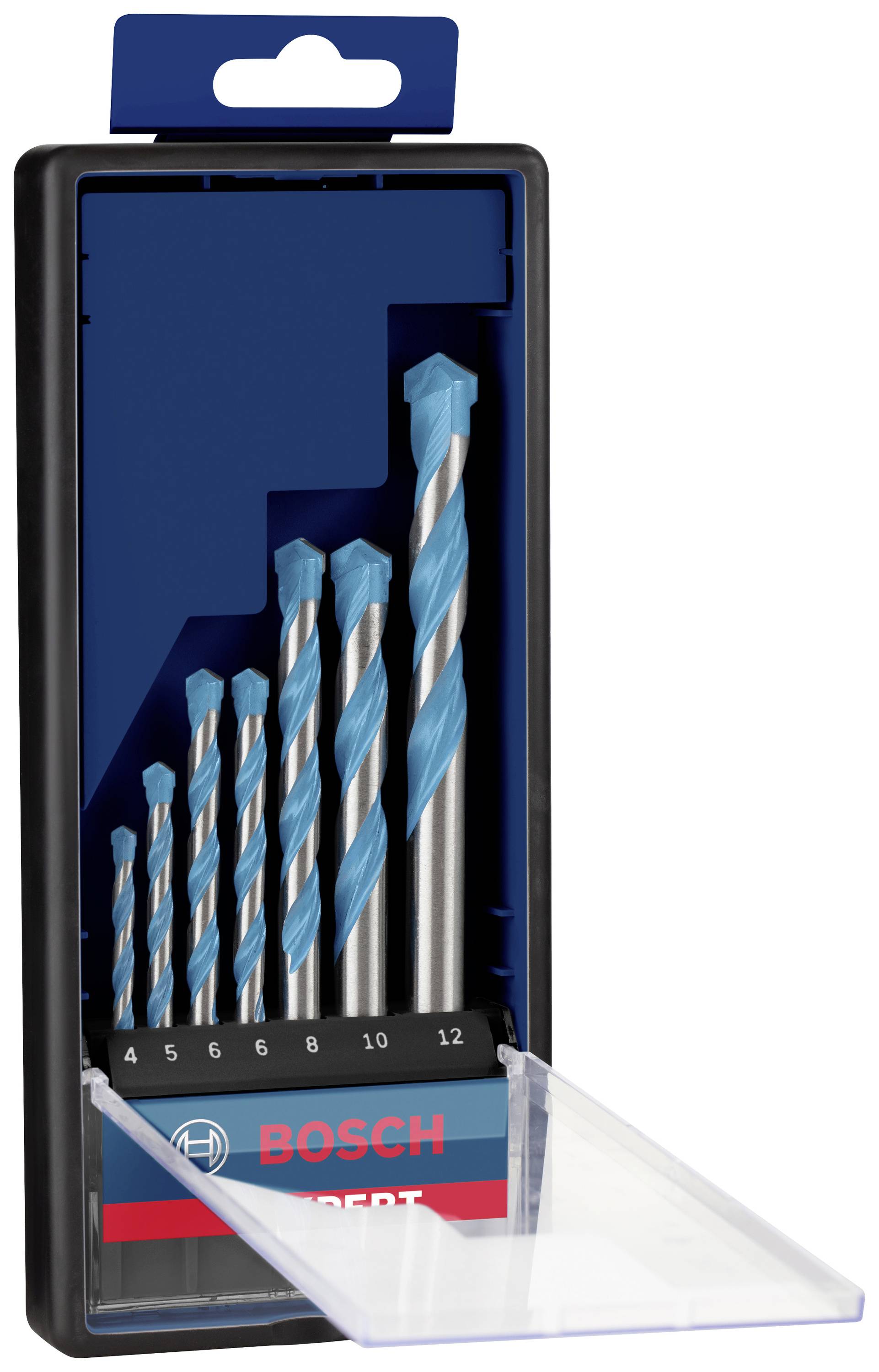 Drill bit replacement set in an open plastic case, comprising six drill bits of varying sizes from 4 to 12 mm. Brand name: Bosch.