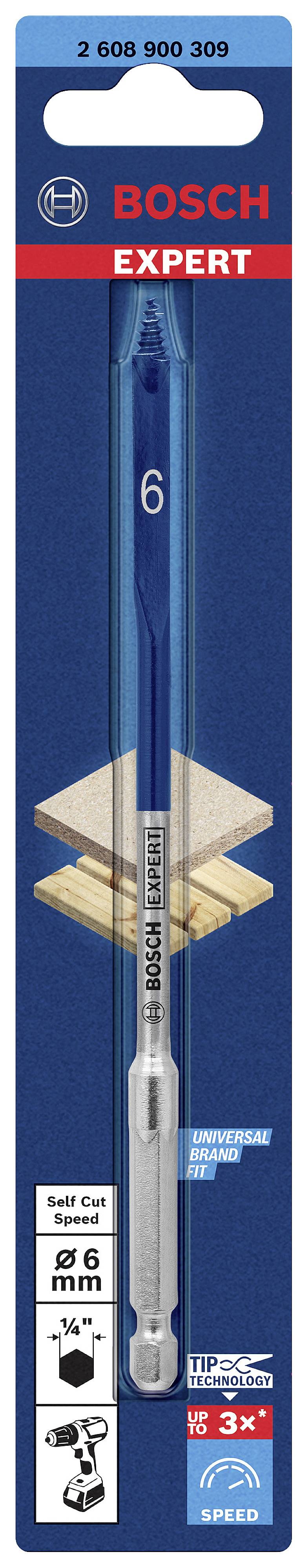 'Bosch Expert' wood drill bit in packaging, suitable for cordless drill, 6 mm diameter, advertised for 'Long Life Speed'.