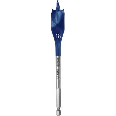 Drill bit with a blue head and '18' inscription on a silver shank, suitable for woodworking.
