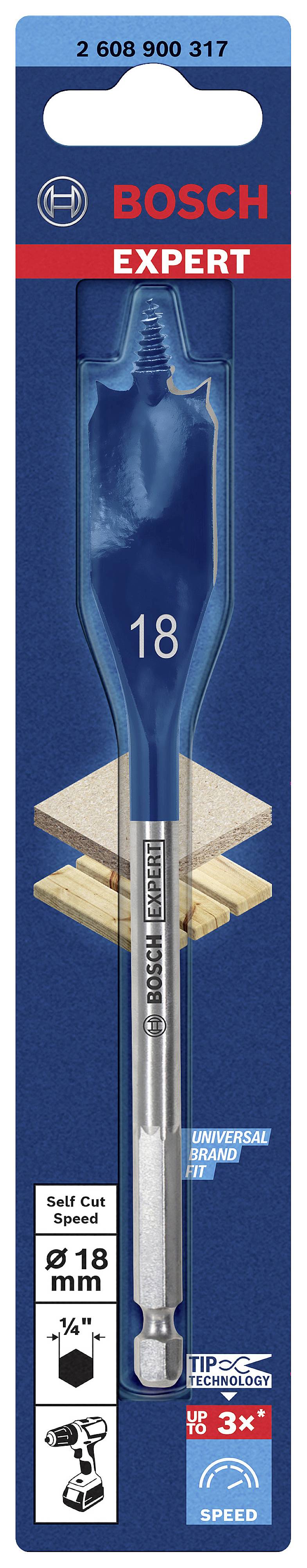 'Bosch Expert' wood drill bit, 18 mm, packaging shows drill bit with hexagonal shank, suitable for woodworking.