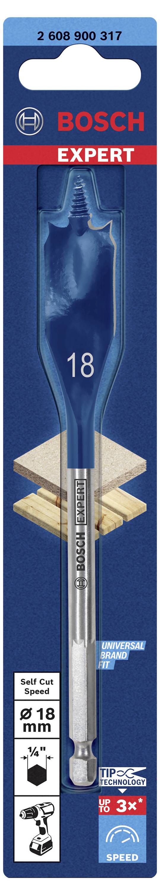 'Bosch Expert' drill attachment with 18 mm diameter, suitable for wood. Packaging shows 'Speed' and '3x longer lifespan'.