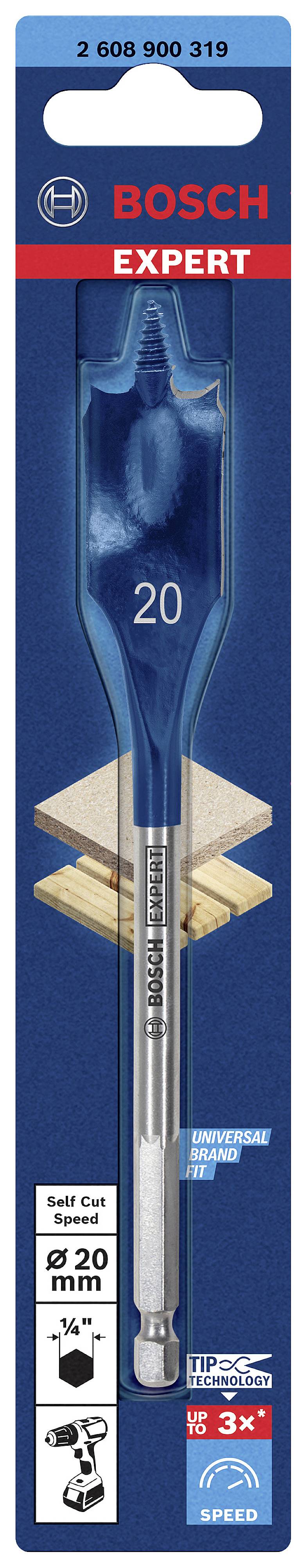 Packaging for a Bosch Expert Wood Drill Bit, 20 mm diameter, with hexagonal shank, suitable for woodworking.