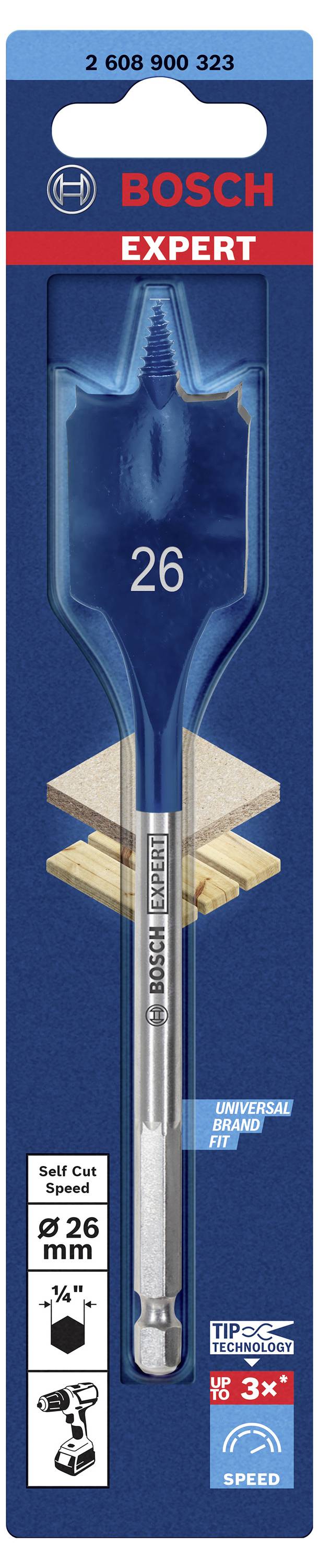 'Bosch Expert' blister pack of a flat drill bit, 26 mm in size, for woodworking. Packaging indicates increased speed.