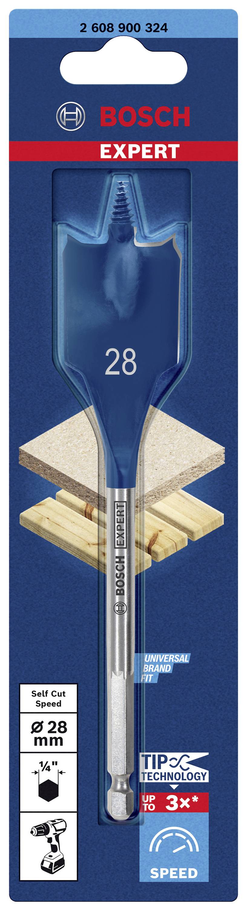 Bosch Expert Wood Drill Bit, 28 mm, for Self Cut Speed, with 3x faster technology, suitable for woodworking, in packaging.