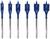 Six blue flat drill bits in various sizes from 13 to 25 mm, lined up side by side, displaying their tips and dimensions.