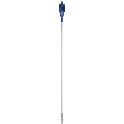 A blue flat drill bit with the marking '20'. The drill bit is long and has a sharp point and edges for drilling into wood.