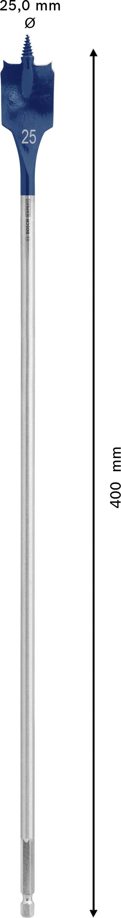 A flat drill bit for wood with a blue head bearing the number '25'. Total length 400 mm, drilling diameter 25 mm.
