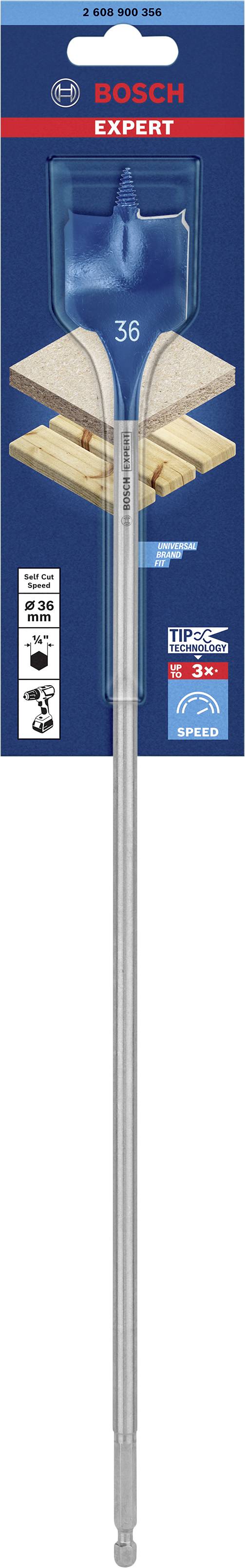 Bosch drill bit with a blue head and size 36, packaged on a card showing a wood drilling application.