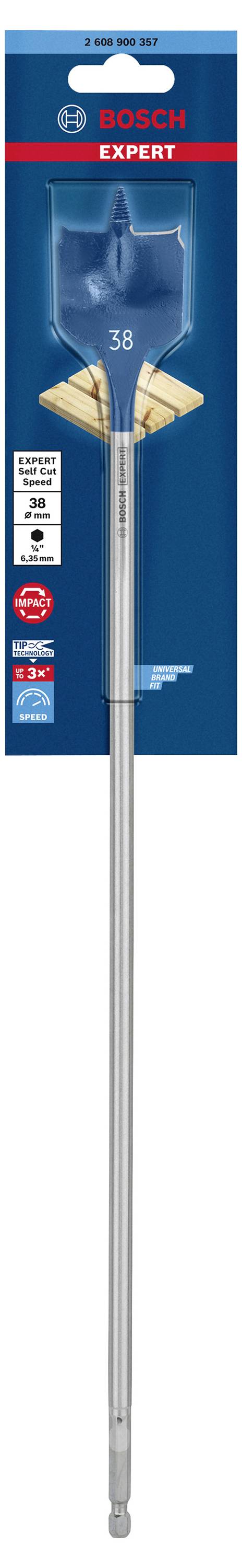 A Bosch flat milling drill bit, size 38 mm; packaged in a blue box with product information and safety instructions.
