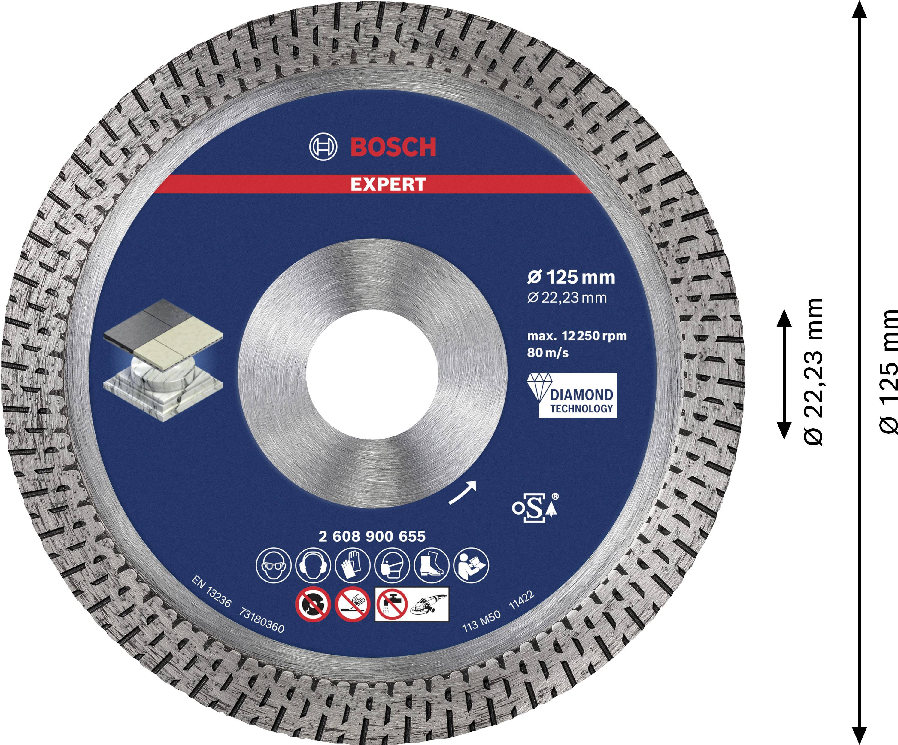 Bosch Expert disc for stone. Diameter: 125 mm. Fully toothed, suitable for grinding work on cement and concrete.