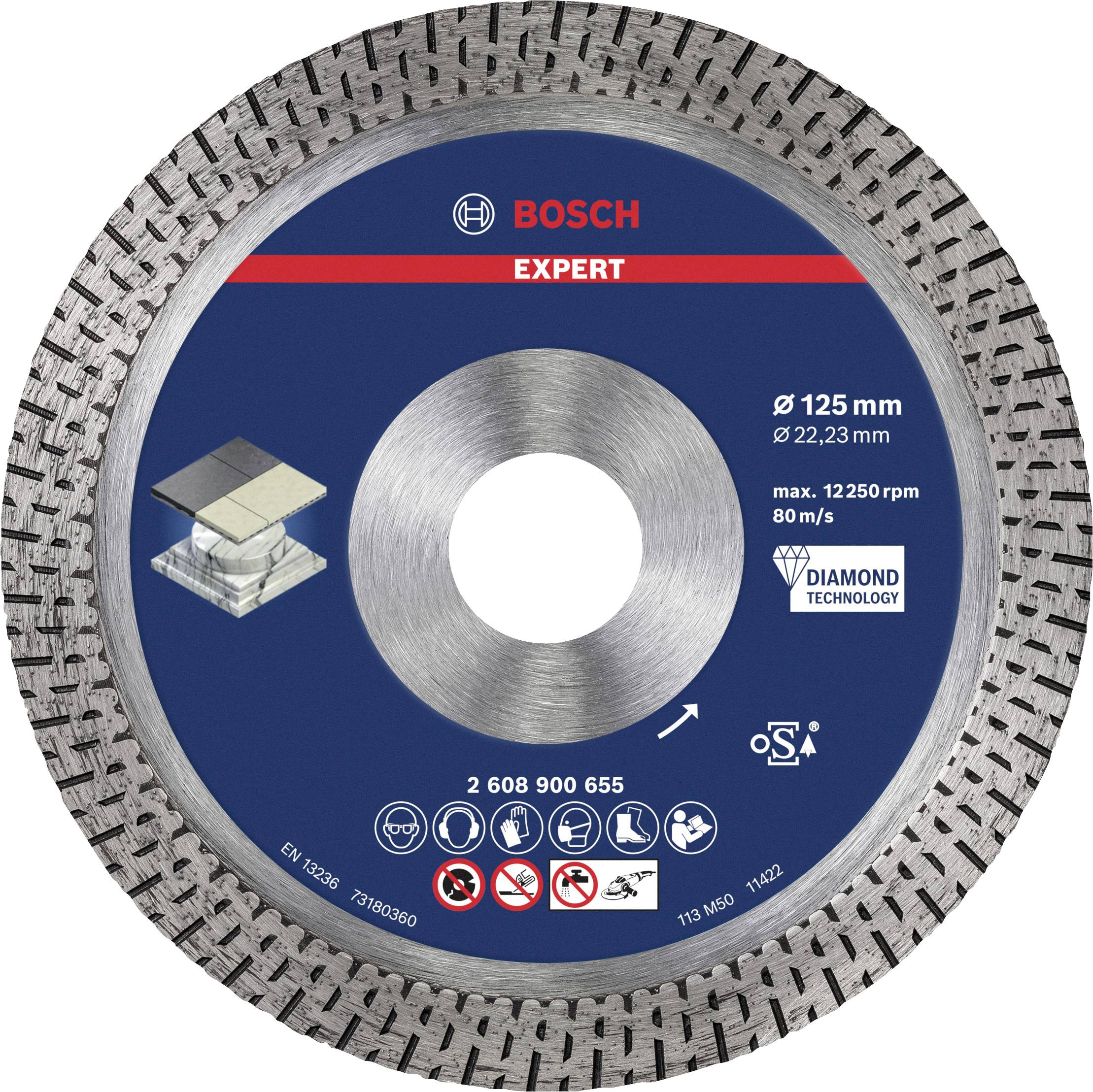 A Bosch cutting disc with a 125 mm diameter, suitable for hard materials, displays the logo, technical information, and safety symbols.
