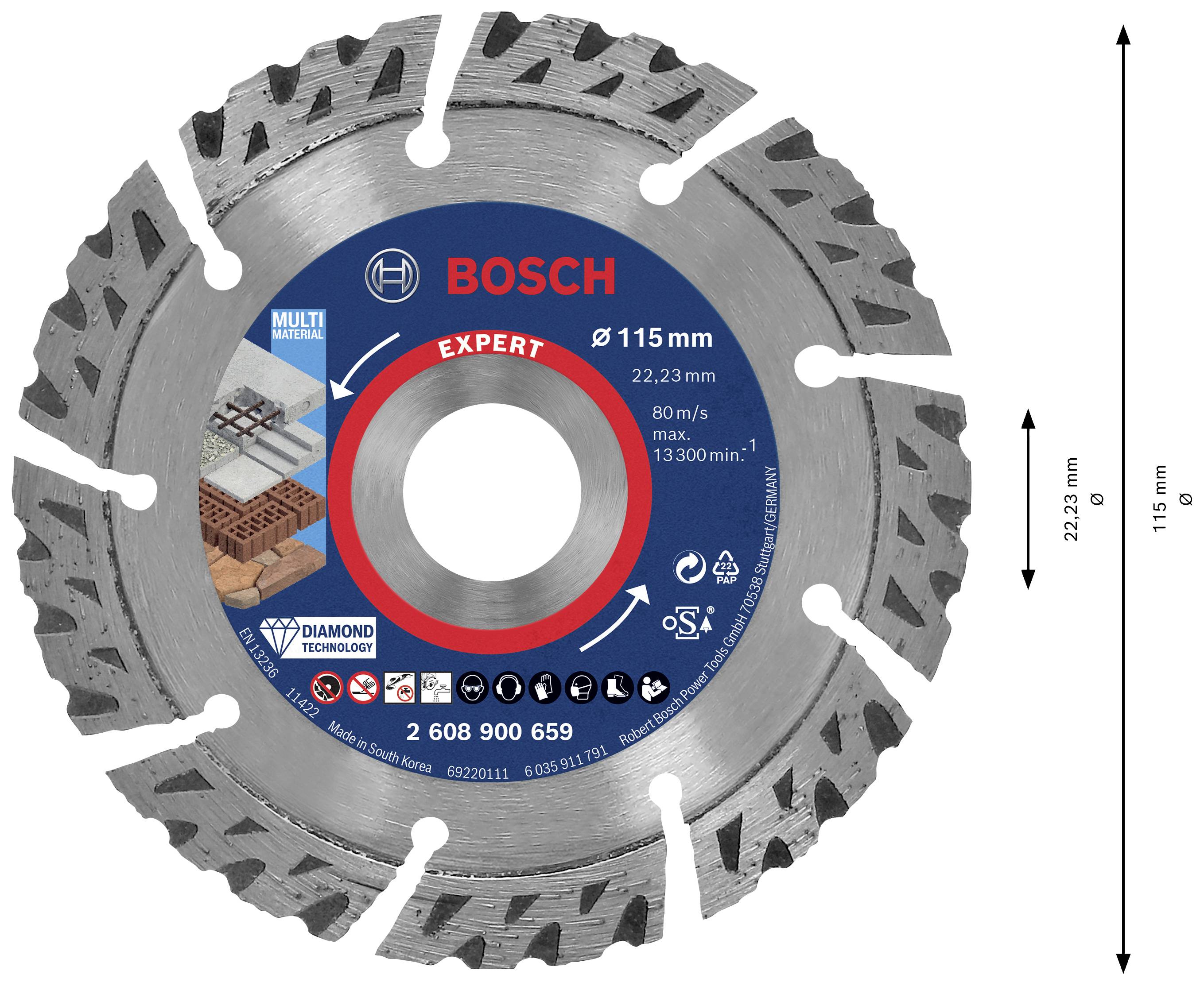 Bosch cutting disc with a diameter of 115 mm, suitable for concrete and stone, showing speed specification of 80 m/s and 13,300 rpm.