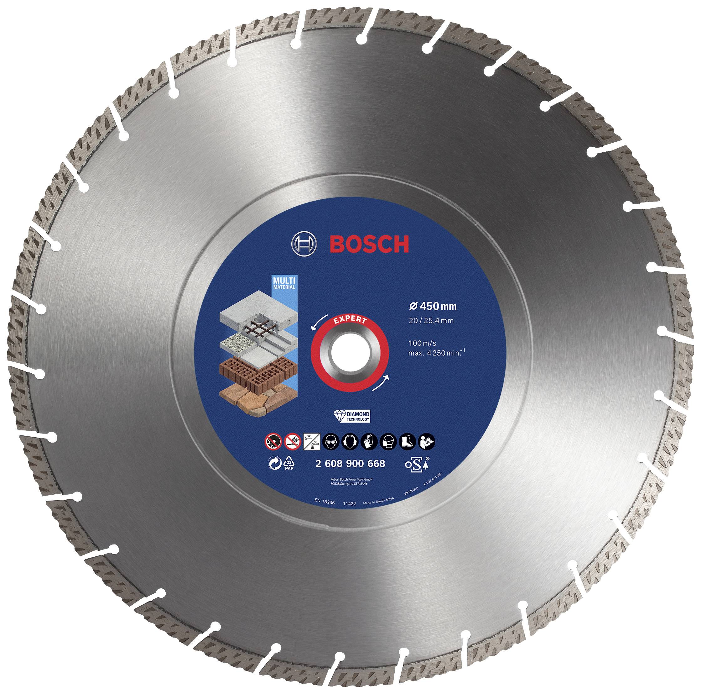 Diamond cutting disc with segments for concrete, reinforced concrete and masonry. Bosch brand, diameter 450 mm, max. 4,300 rpm.