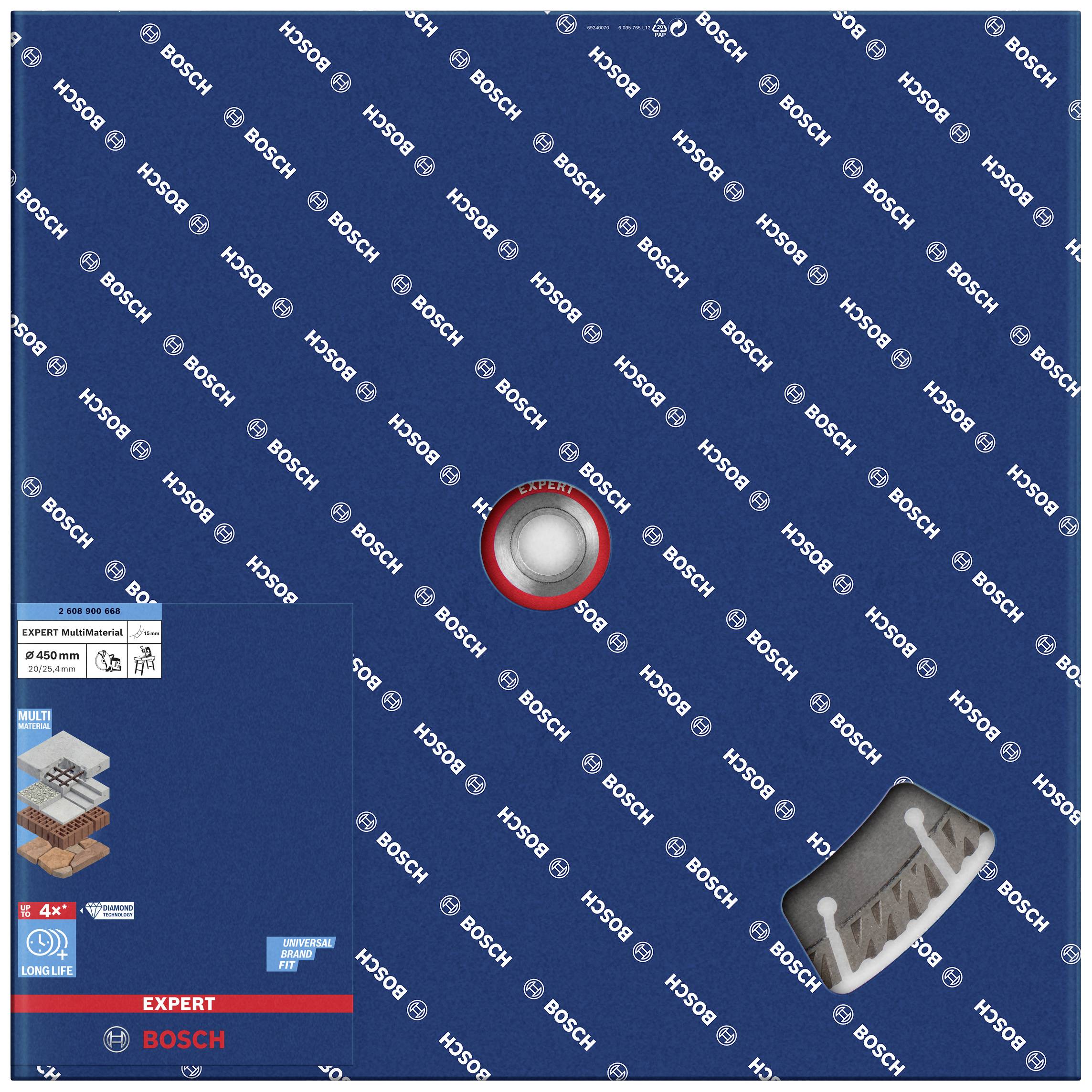'Bosch Cutting Disc EXPERT for Inox, 125 x 22.23 mm. Packaging with safety and product information on blue packaging.'