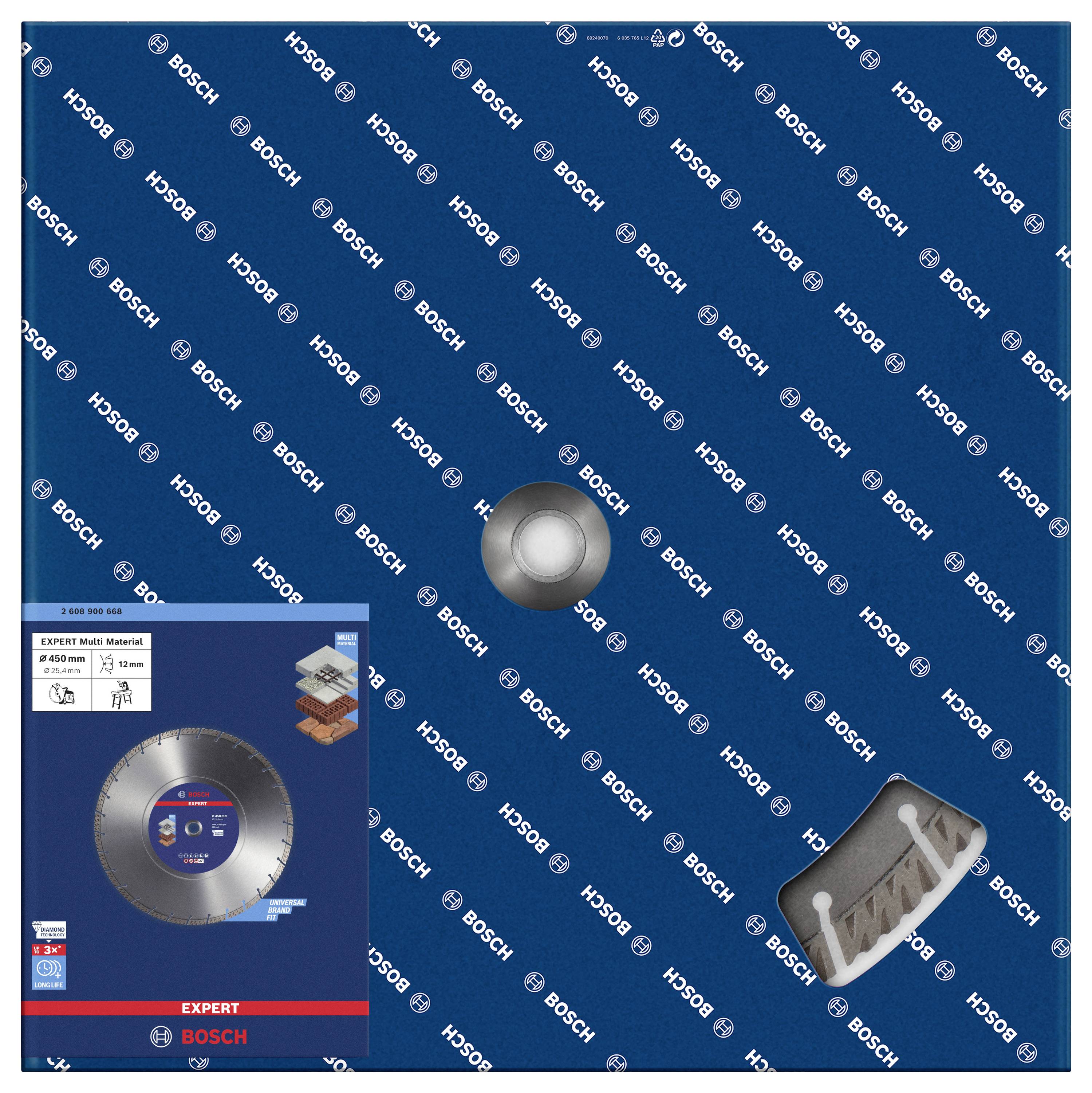 'Bosch Expert' saw blade packaging, highlighted by a distinctive blue background with product image in the bottom left.