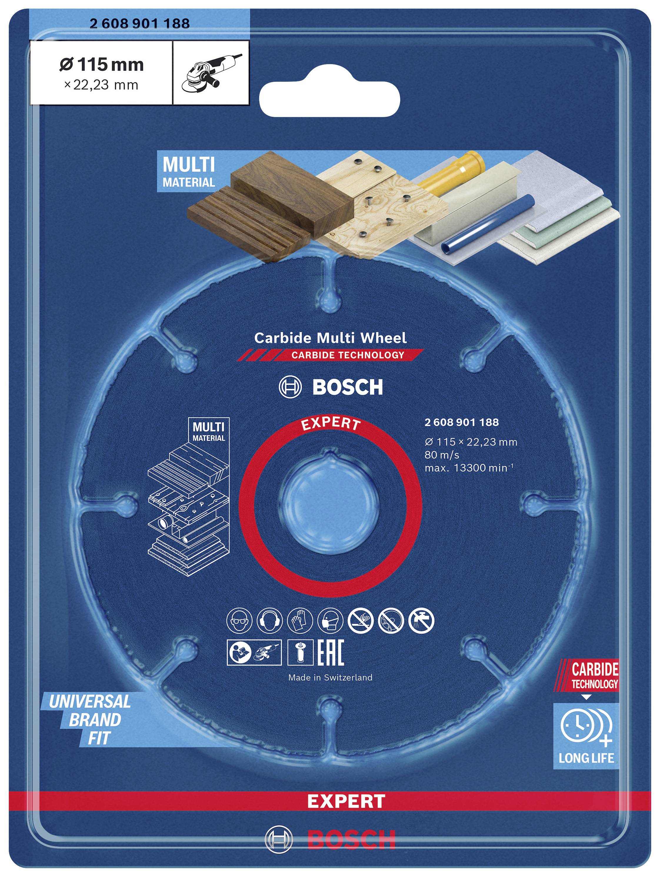 'Bosch Expert' Carbide Multi-Cutting Wheel, 115 mm Ø, 22.23 mm Bore, for Multi-Materials including Wood, Plastic and Sanitary Pipes.