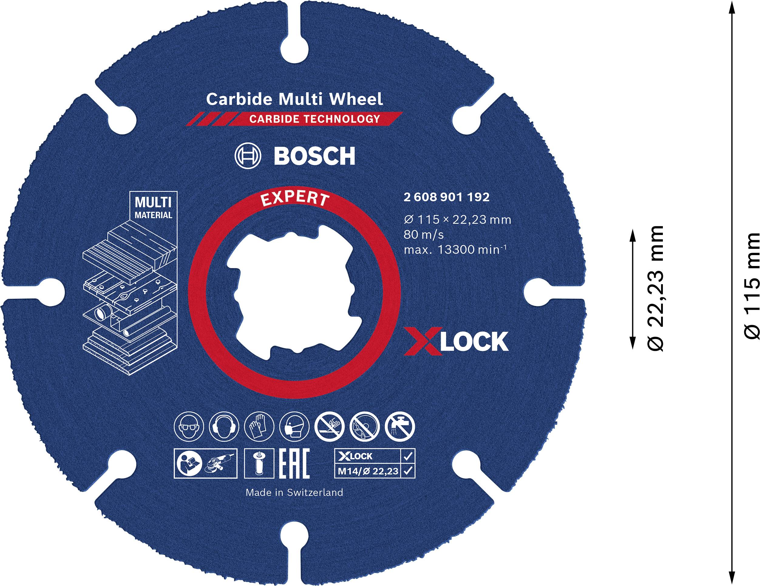 Disc with label 'Carbide Multi Wheel', Bosch logo, diameter 115 mm, bore 22.23 mm, speed 13,300 rpm, 'X-LOCK'.