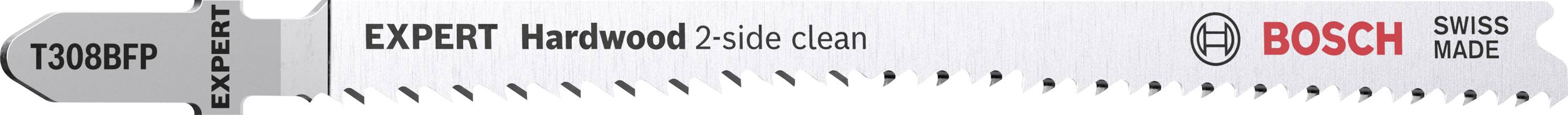Bosch jigsaw blade, suitable for hardwood, designated as 'EXPERT Hardwood', with special tooth configuration for clean cuts.