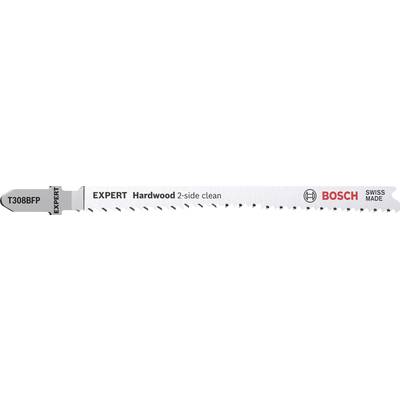 Bosch jigsaw blade, suitable for hardwood, designated as 'EXPERT Hardwood', with special tooth configuration for clean cuts.