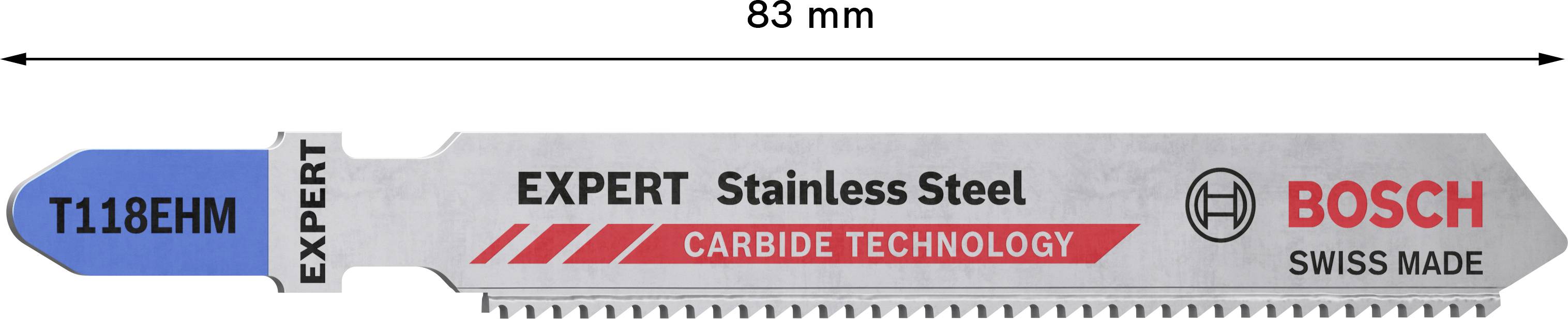 'Bosch Expert' jigsaw blade, stainless steel, 83 mm, carbide technology, model number T118EHM, Swiss manufactured.