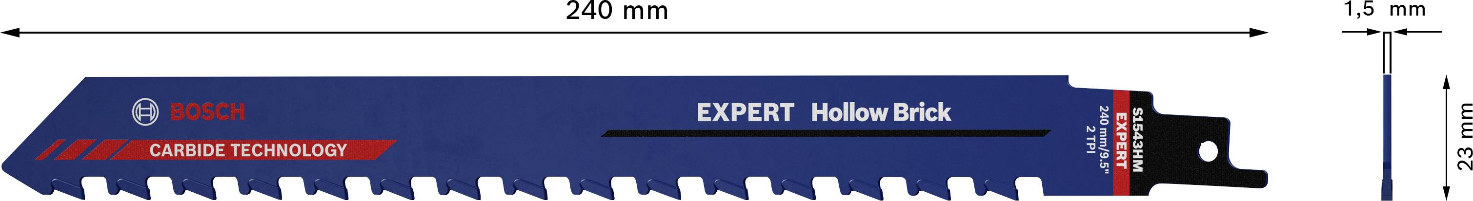Saw blade with the inscription 'Bosch Expert Hollow Brick'. Length: 240 mm, thickness: 1.5 mm. Design for hollow bricks with carbide technology.