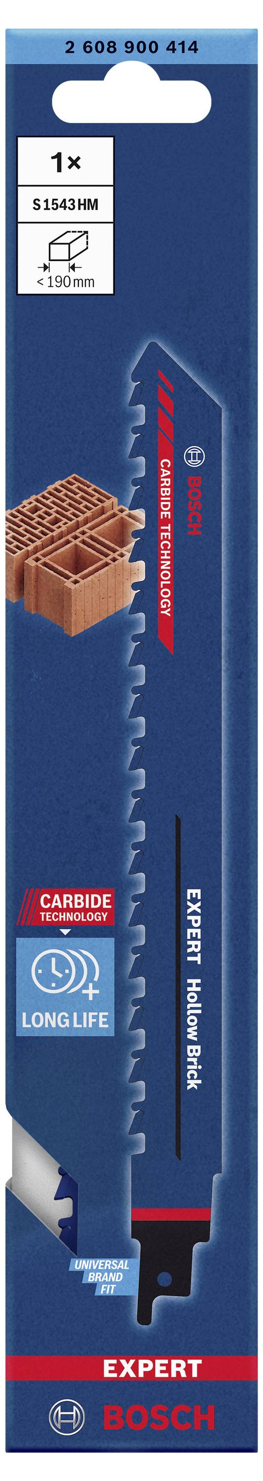 Packaging for a Bosch Expert jigsaw blade for masonry. Contains a long-lasting blade with carbide technology.
