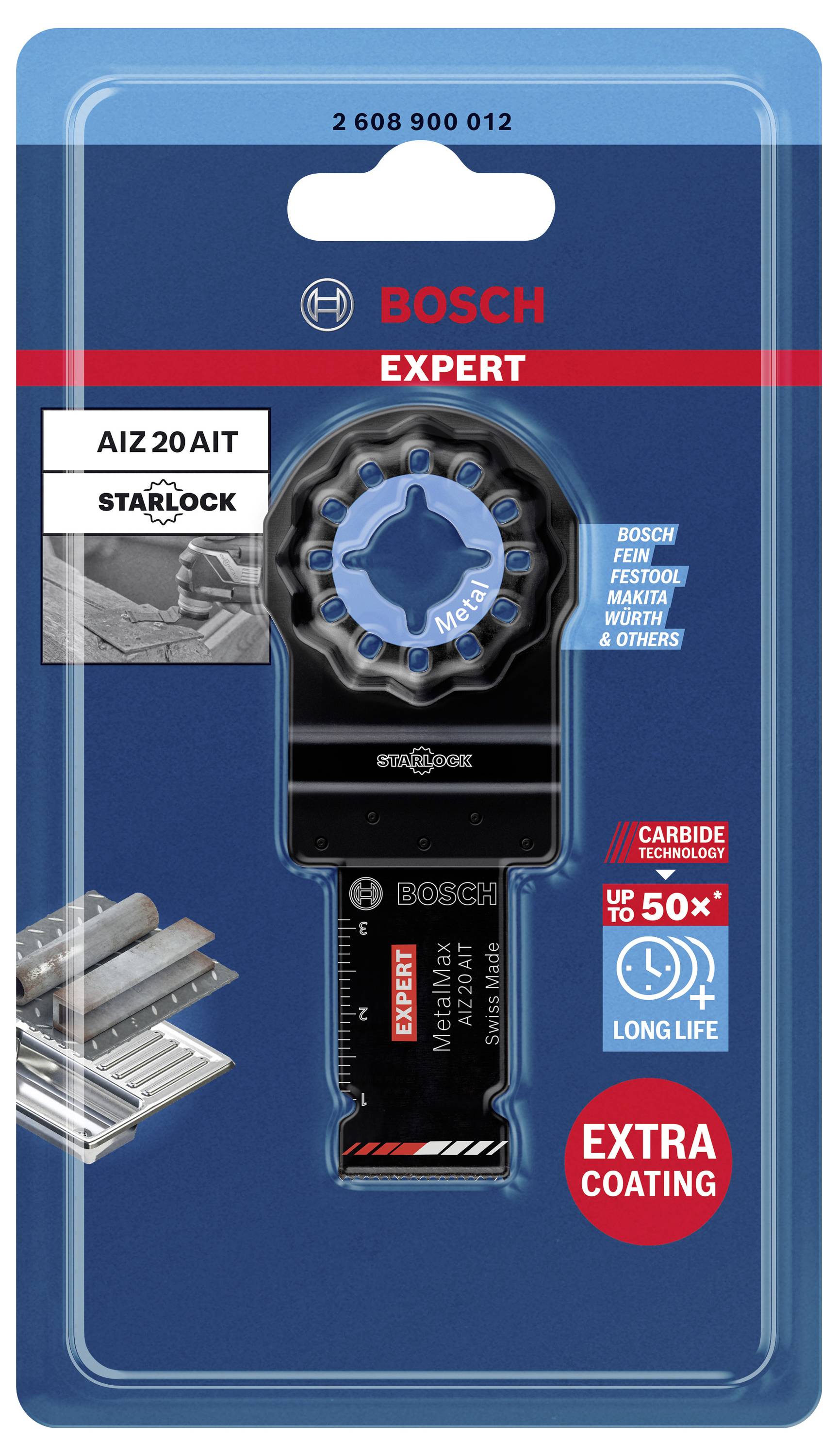 Packaging for a Bosch Expert Starlock AIZ 20 AIT saw blade. Manufactured for metalworking. Highlighted: long service life.