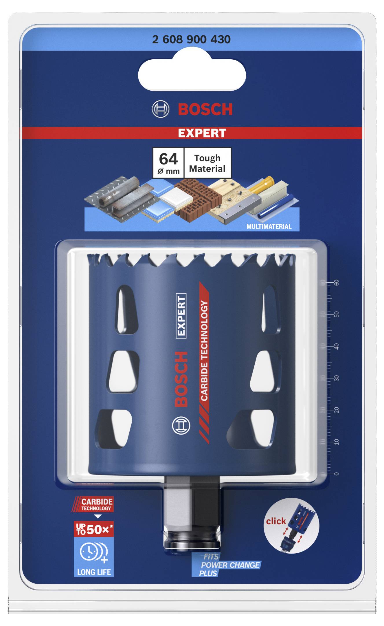 Packaging for a Bosch Expert hole saw, 64 mm diameter, suitable for hard materials, featuring durable Carbide Technology.