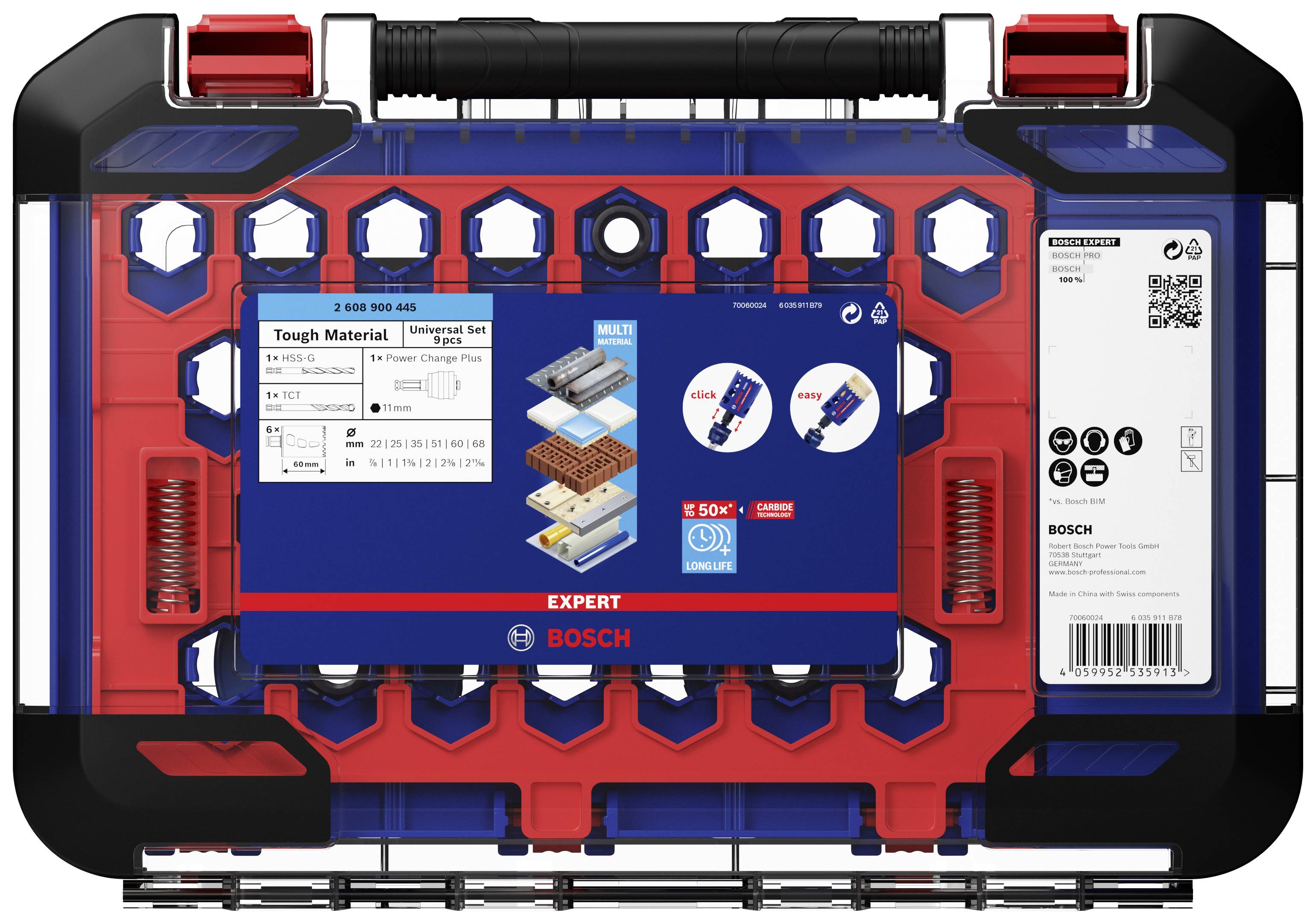 Bosch tool case with 14 drill bits for hard materials, label displays application details and QR code for additional information.