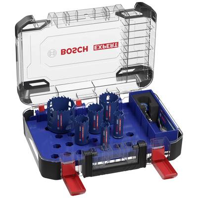 Blue Bosch Expert hole saw set with multiple attachments in a transparent plastic case. The case has red latches.