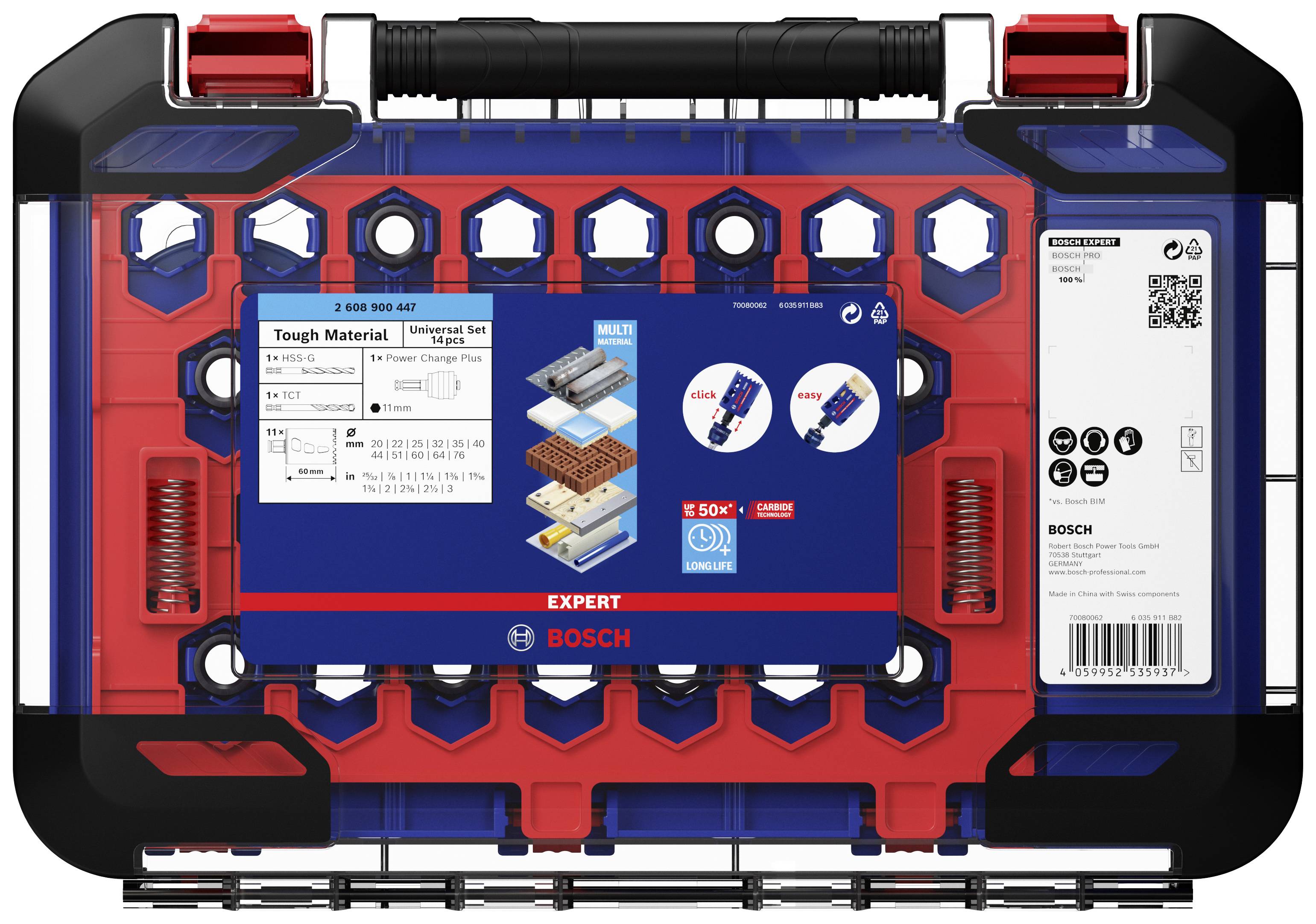 Bosch tool kit with blue and red design. Contains a label with product information and illustrations of drill heads.