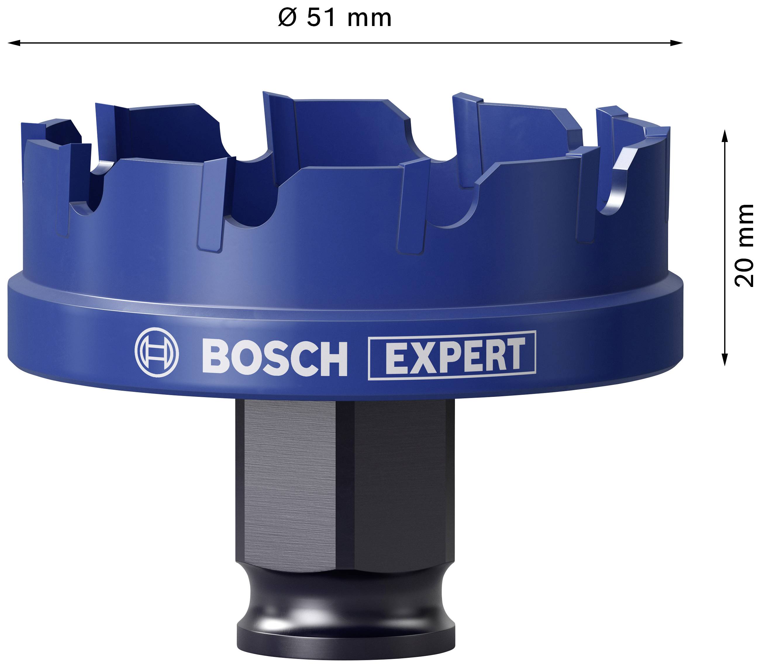'BOSCH EXPERT Hole Saw, diameter 51 mm, height 20 mm, blue colour, suitable for drilling holes in hard materials.'