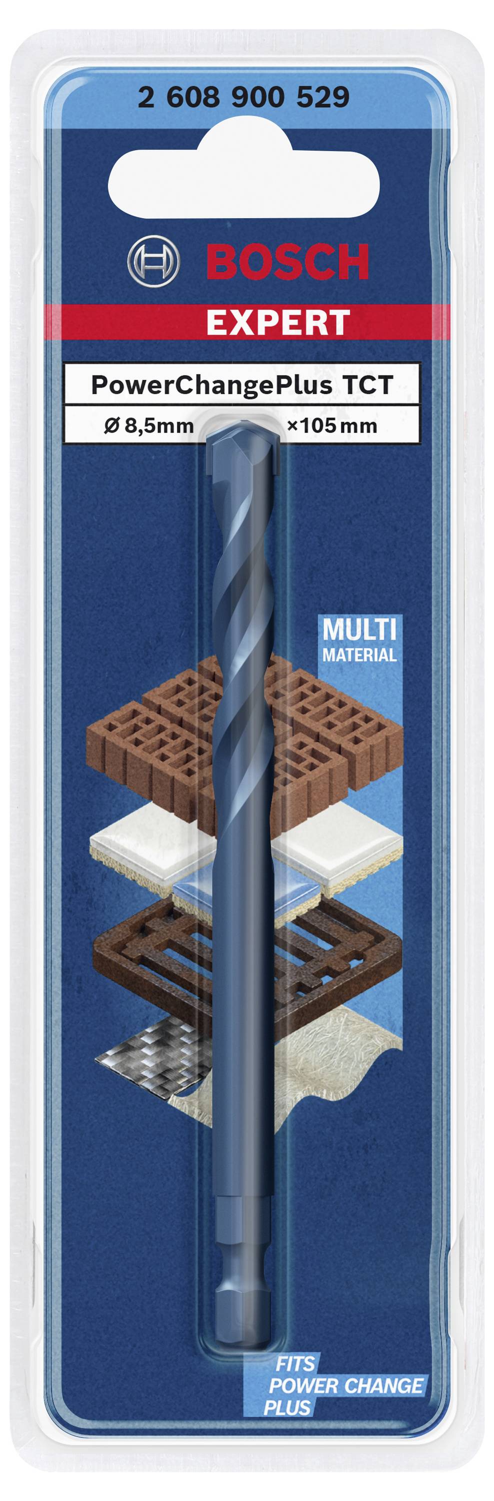Packaging of a Bosch 8.5mm drill bit with PowerChangePlus TCT for various materials. Text: 'MULTI MATERIAL', 'EXPERT'.