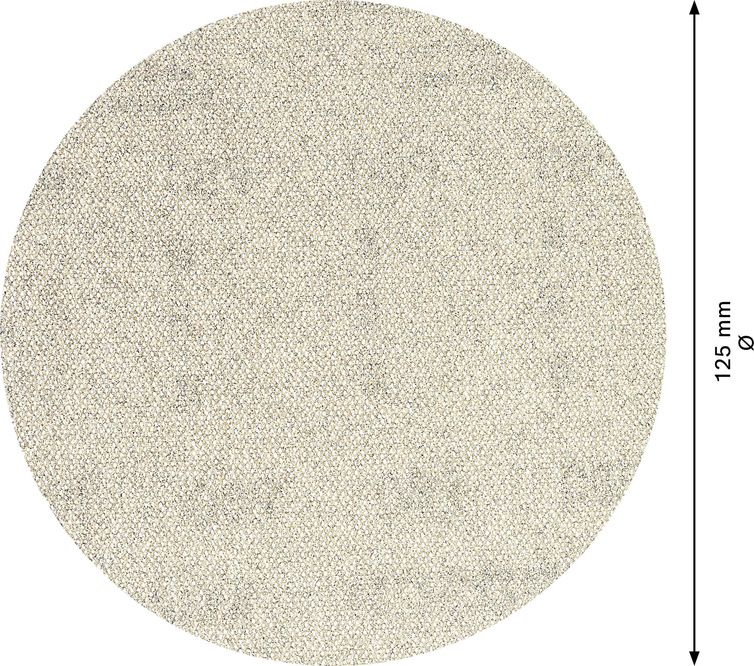 Oval structure, beige, with a dotted and rough surface; diameter 125 mm displayed on the right side.