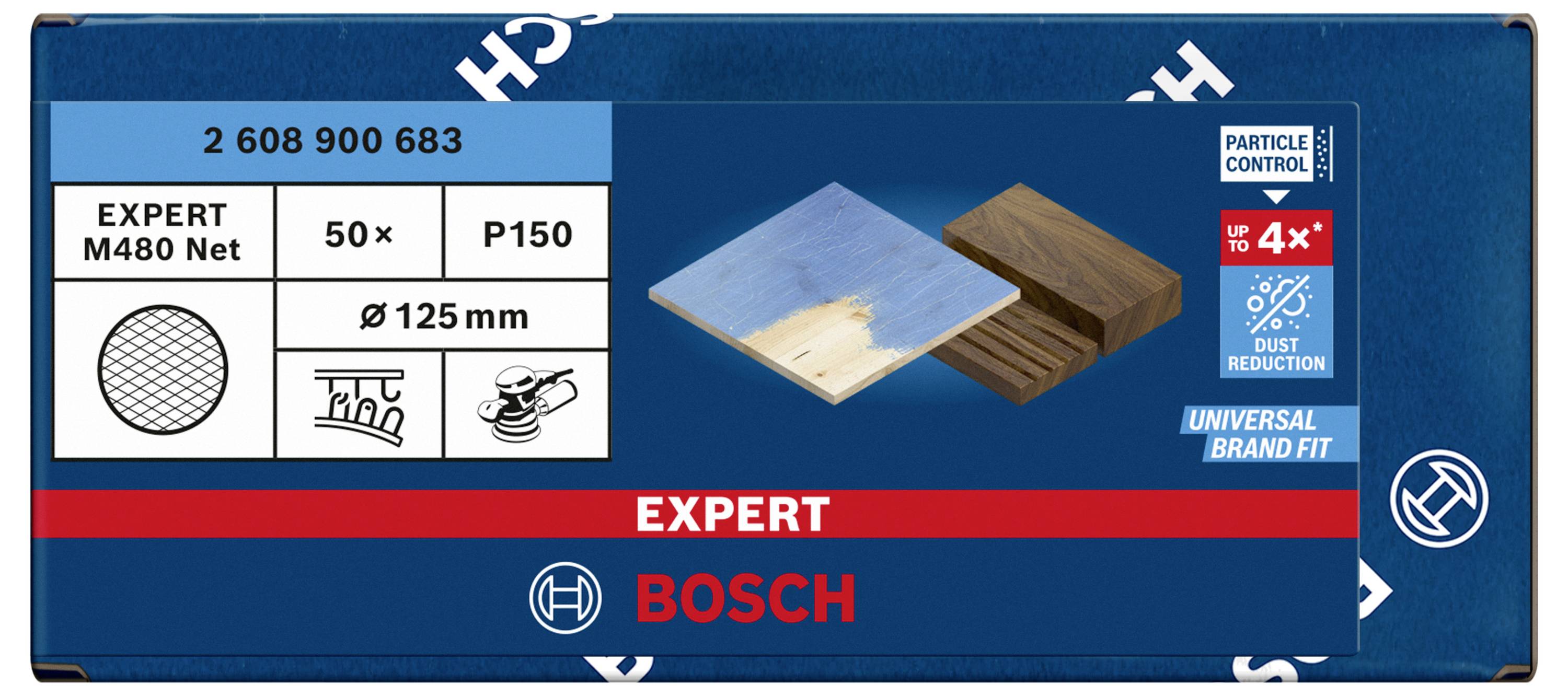 Packaging for a Bosch sandpaper, showing two sanding discs, a close-up view of a wood surface, and usage details.