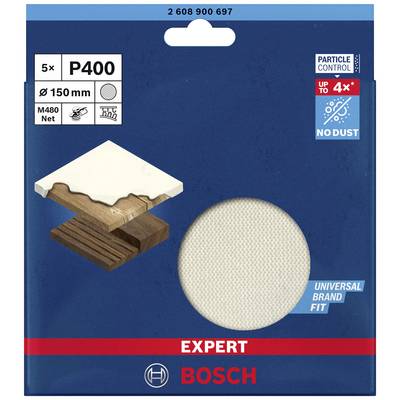 Bosch Sanding Paper Packaging, P400, 150 mm, for Wood and Varnish. Pack of 5, Dust-Free, Universally Compatible.