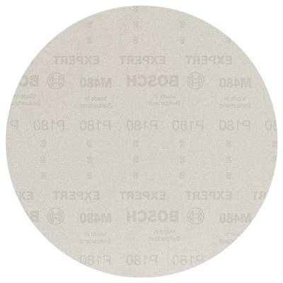 Beige sanding disc with the inscription 'Bosch Expert P180'. It is round and used for polishing or sanding surfaces.