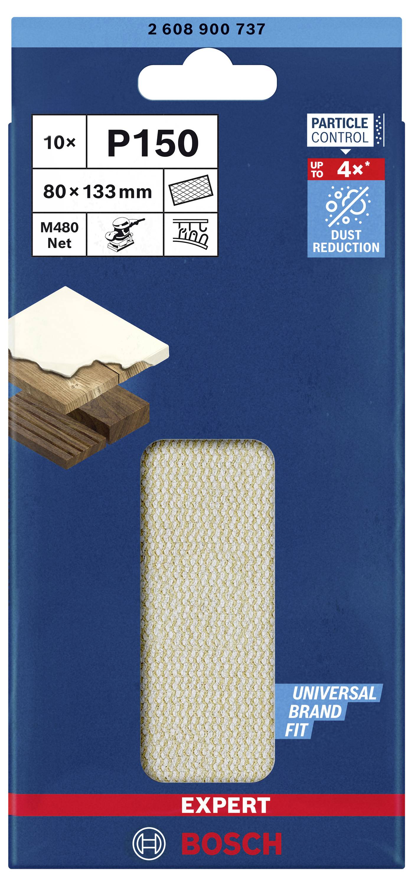 Packaging for Bosch Sandpaper P150, contains 10 sheets, 80 x 133 mm, suitable for wood, wood materials and paint.