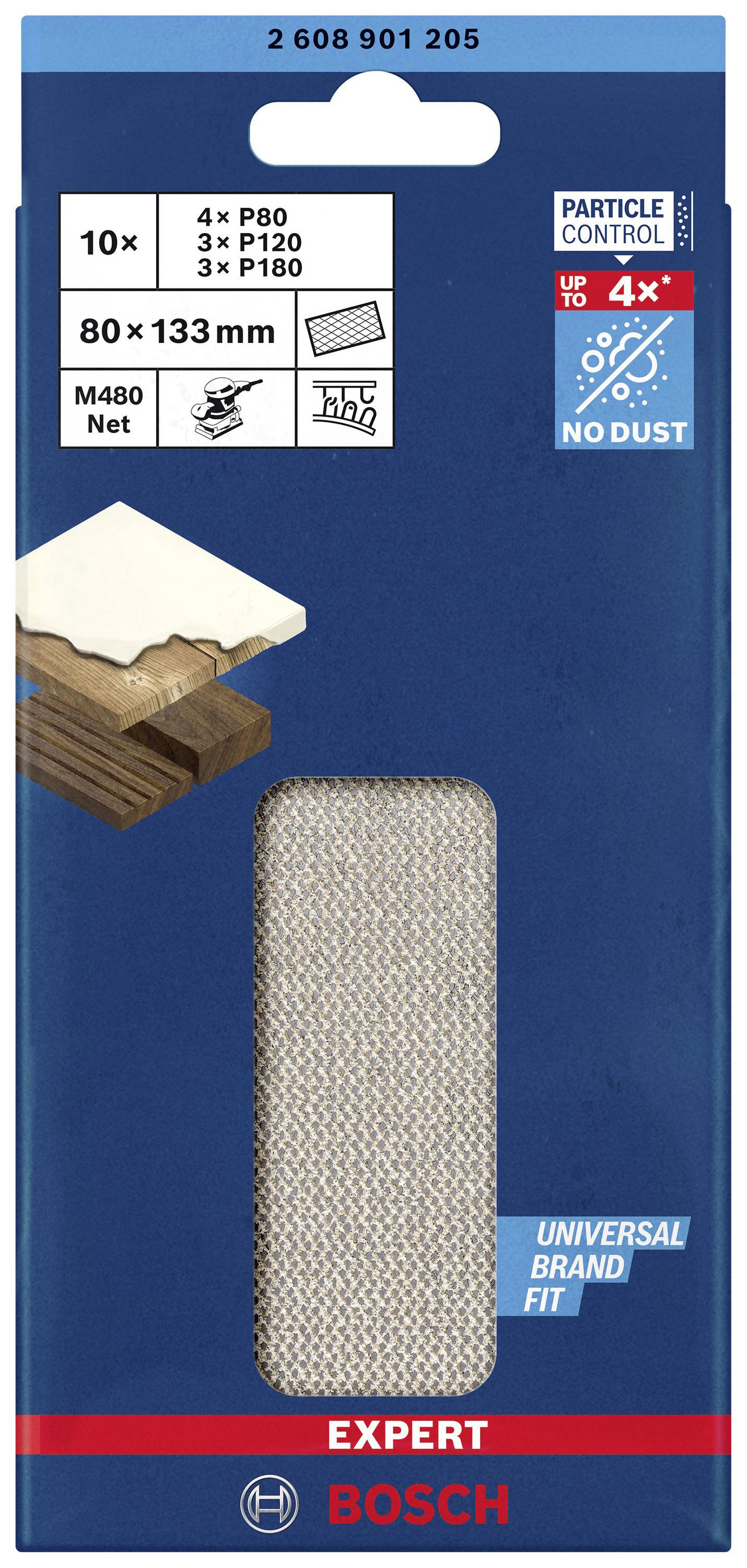 Packaging for a BOSCH Sanding Paper Set, containing 10 sheets in various grits (P60, P120, P180). Size: 80 x 133 mm. Suitable for wood.