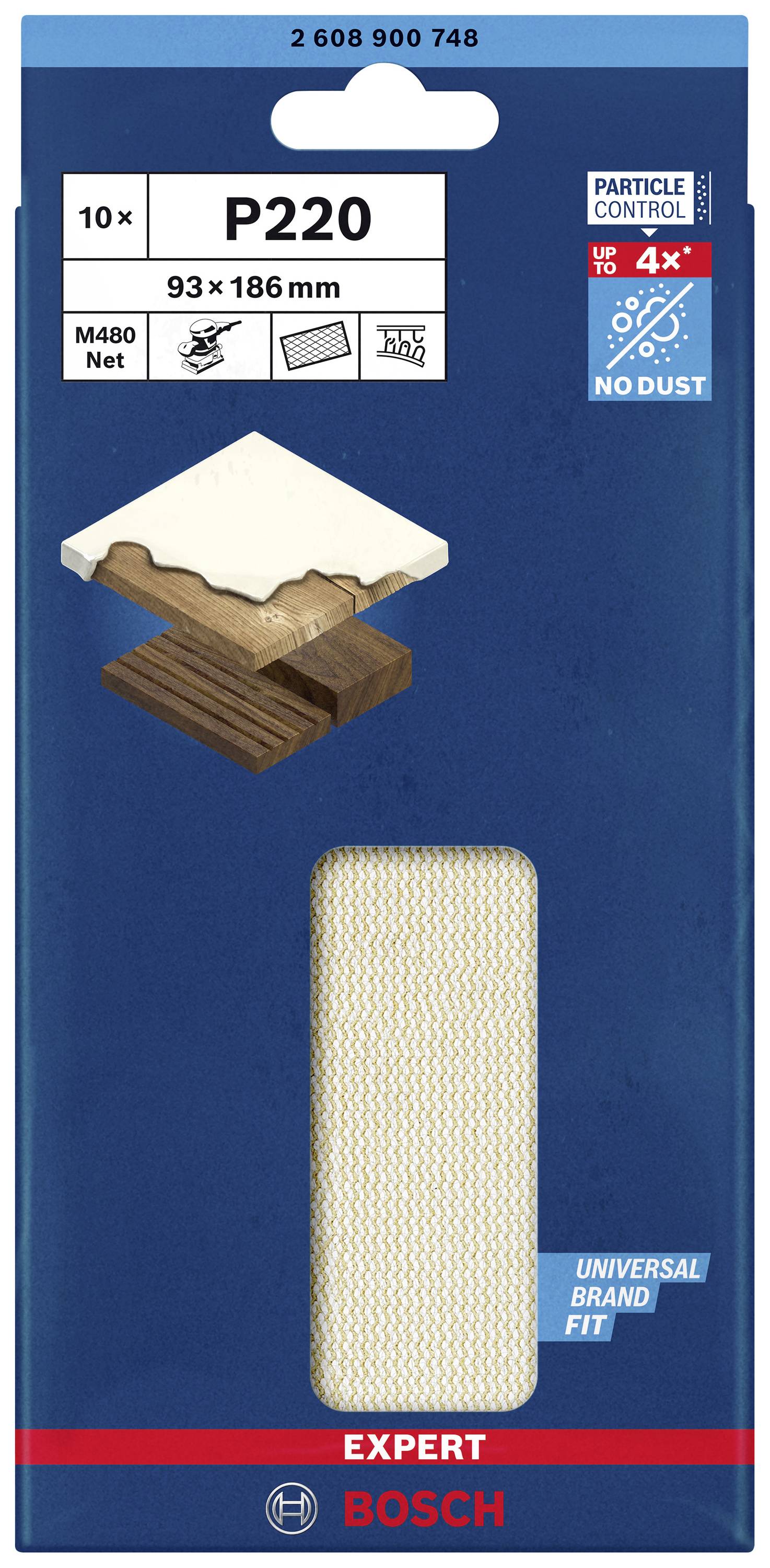 'Bosch Sandpaper P220, 93 x 186 mm, Pack of 10. Suitable for wood and other surfaces. Universal Brand Fit.' Packaging shows dust control and M480 Net Technology.