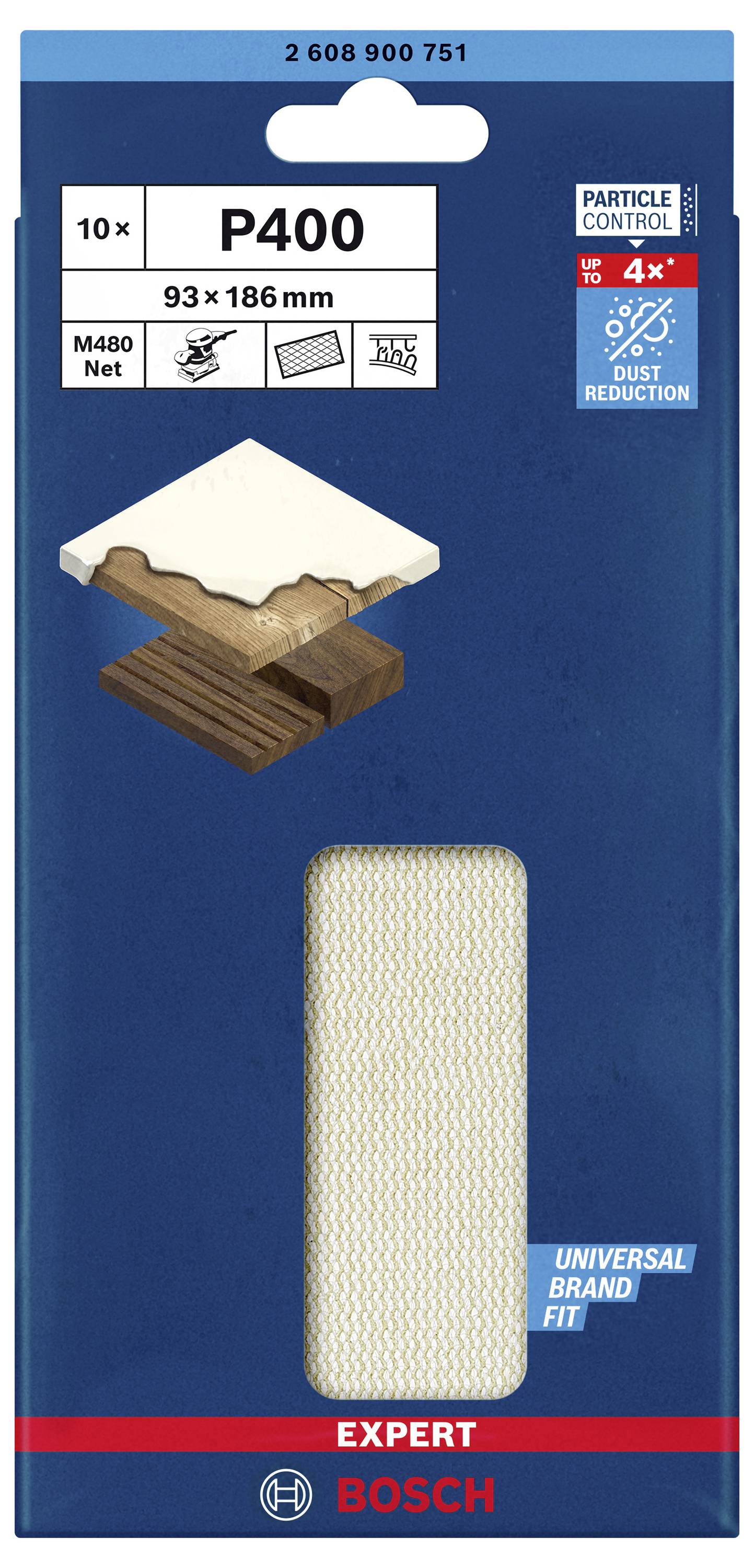 Bosch Sandpaper Packaging P400, 93 x 186 mm, Pack of 10, Suitable for Wood and Paint, with Dust Reduction Indication.