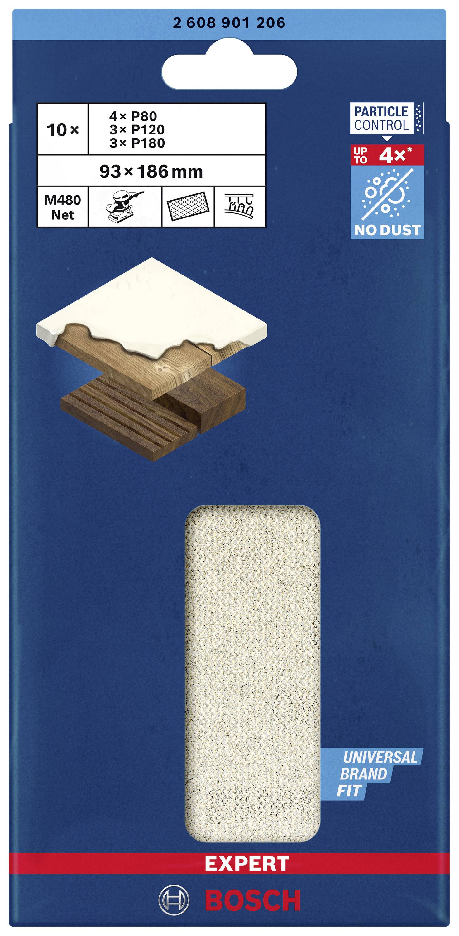 'Bosch Sandpaper Pack, suitable for woodworking. Contains 4x P80, 3x P120 and 3x P180 sheets. Dimensions: 93 x 186 mm.'