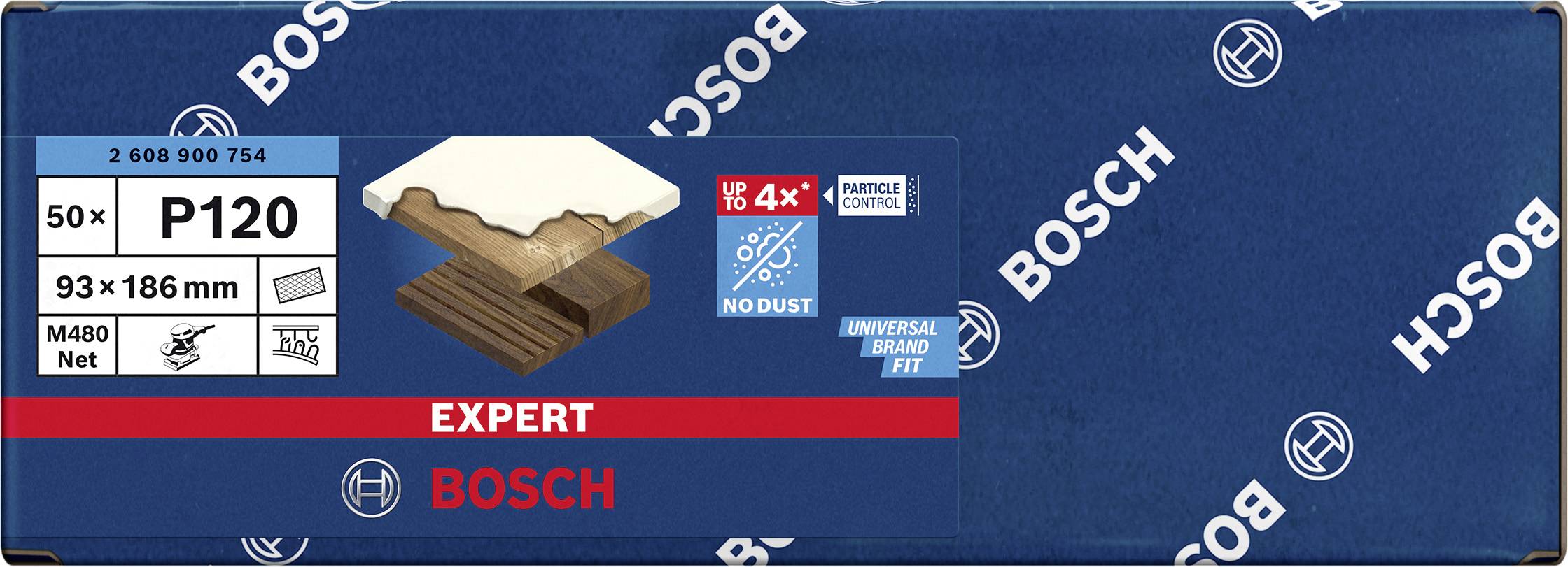 'BOSCH Expert' Sanding Sheets P120, suitable for wood, plaster, metal, 93x186mm, pack of 50. Packaging shows wood, plaster, metal applications.