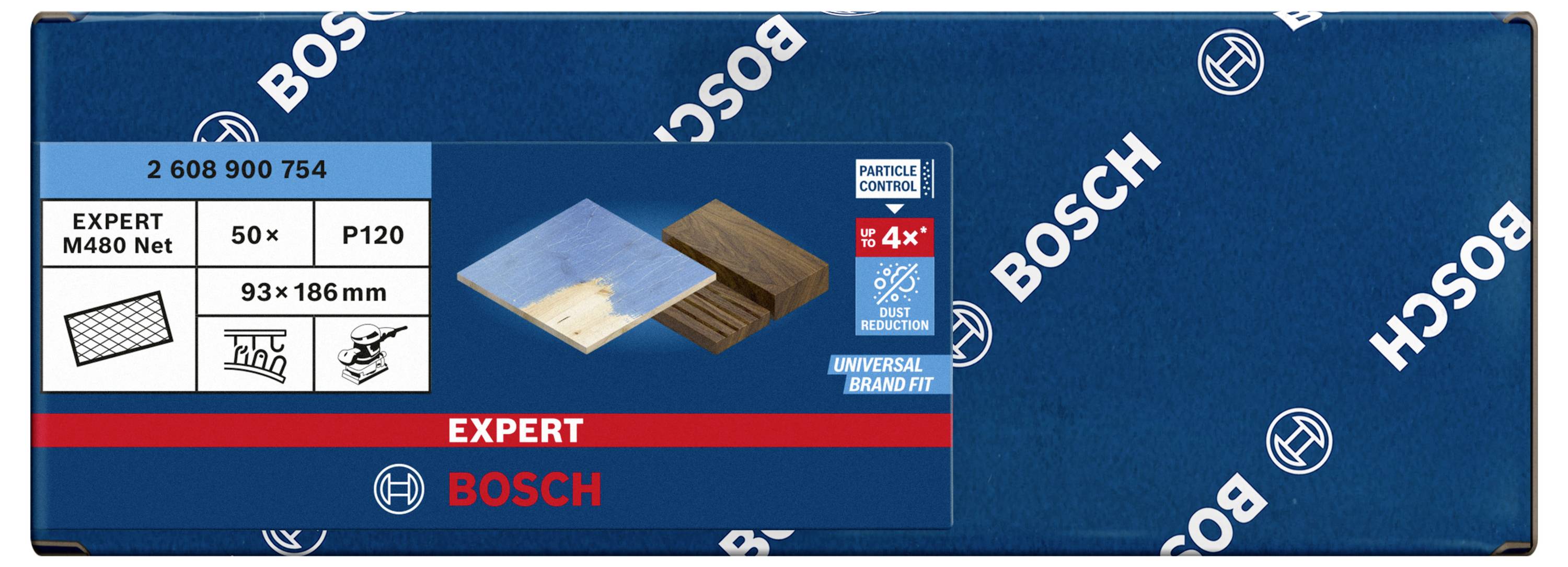 Blue card of Bosch sandpaper, 50 pieces, P120 grit. Suitable for wood and metal processing. Dimensions: 93 x 186 mm.