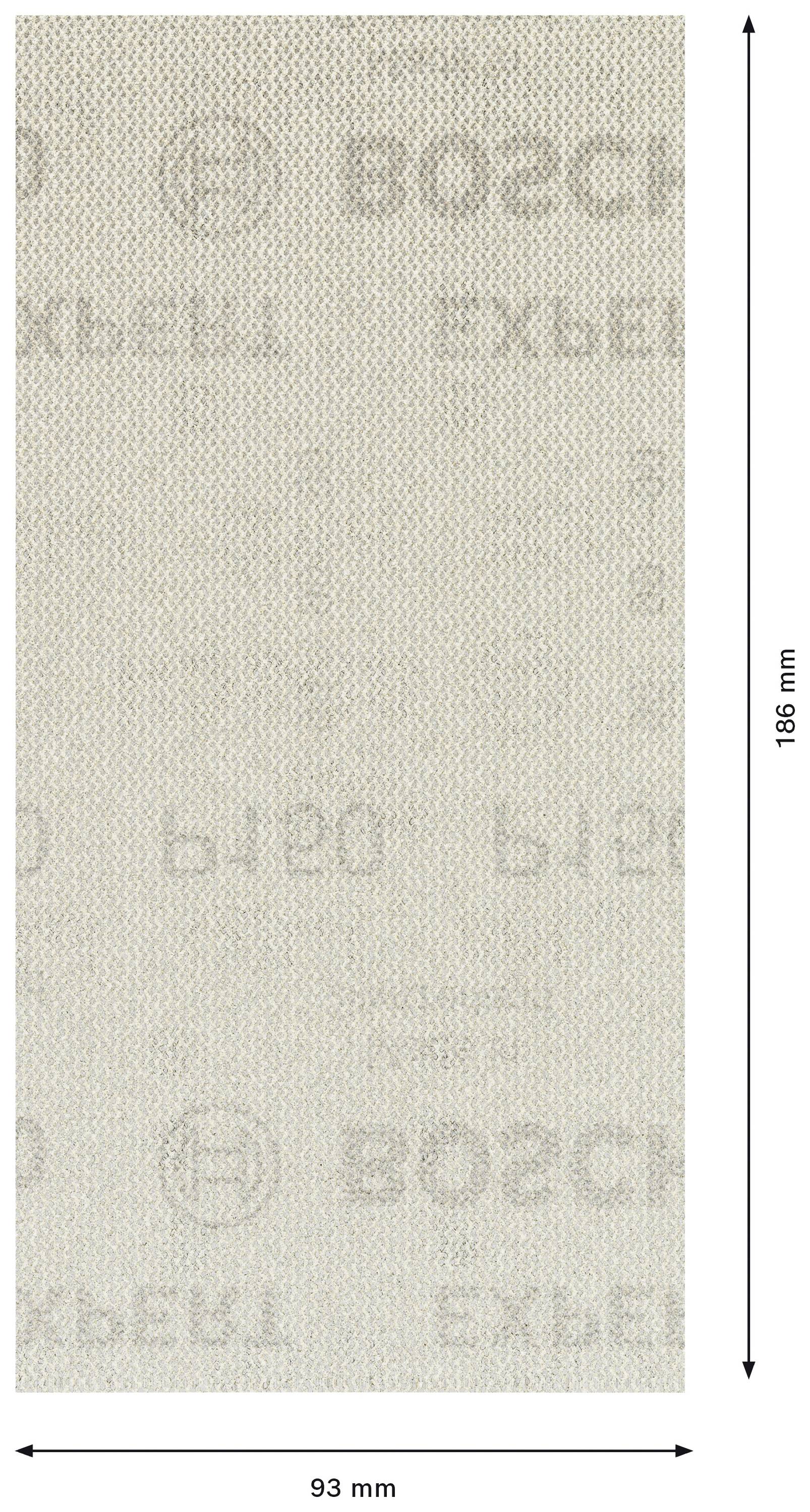 Rectangular sandpaper by Bosch, measuring 186 mm x 93 mm, light beige in colour, with printed logo and text.
